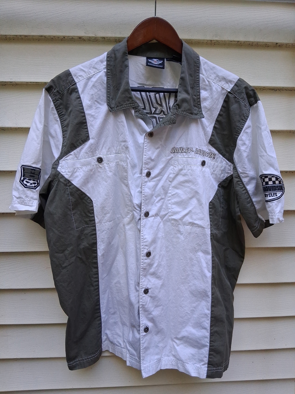 Harley-Davidson Short Sleeve Button Down Shirt Men's Size XL White/Army Green